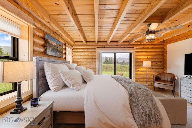 1266 Ousel Falls Rd, Big Sky, MT 59716 - bedroom with rustic walls, wooden ceiling with exposed beams, and access to outside