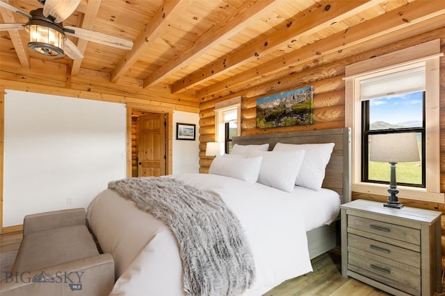 1266 Ousel Falls Rd, Big Sky, MT 59716 - bedroom with light wood-type flooring, wooden ceiling with exposed beams, log walls, and wooden walls