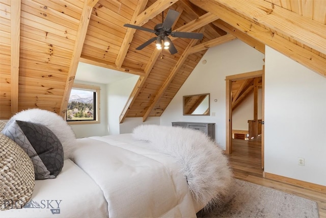 1266 Ousel Falls Rd, Big Sky, MT 59716 - bedroom with wood finished floors, wood ceiling, and a ceiling fan