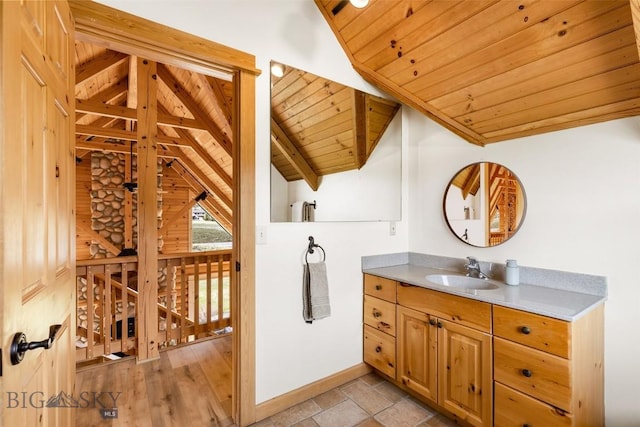 1266 Ousel Falls Rd, Big Sky, MT 59716 - bathroom with wood ceiling, vanity, and baseboards