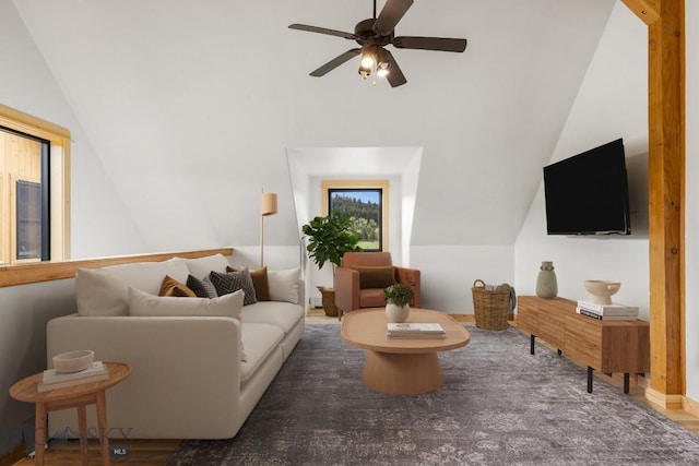 1266 Ousel Falls Rd, Big Sky, MT 59716 - living area with vaulted ceiling and ceiling fan