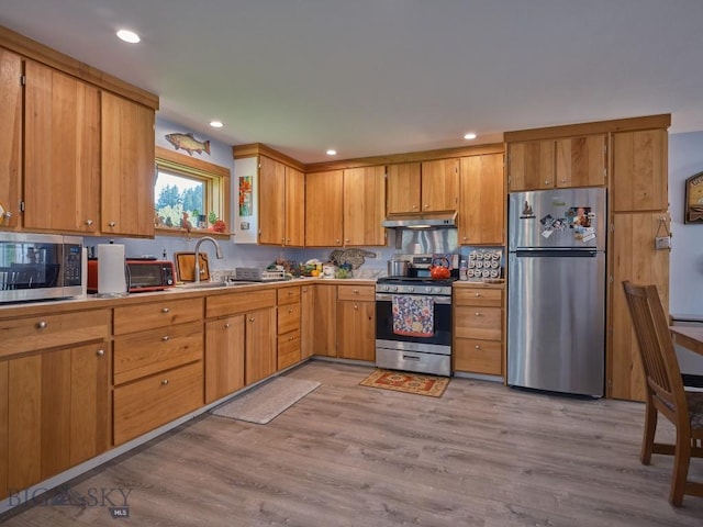 2178 Little Bear Rd, Gallatin Gateway, MT 59730 - kitchen with stainless steel appliances, under cabinet range hood, a sink, light wood-type flooring, and light countertops