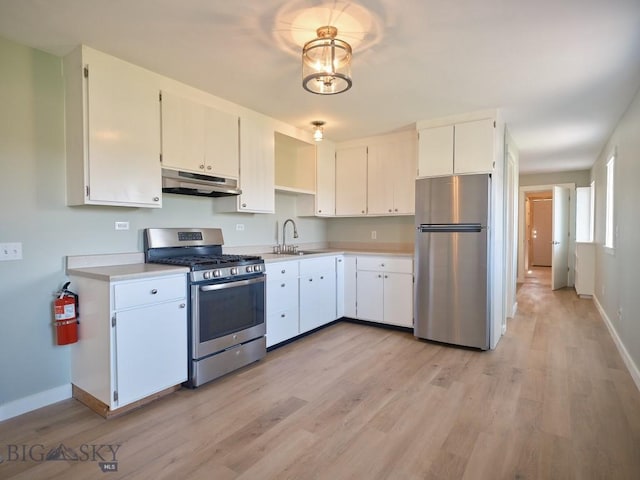 2178 Little Bear Rd, Gallatin Gateway, MT 59730 - kitchen with stainless steel appliances, under cabinet range hood, a sink, light countertops, and light wood-style floors