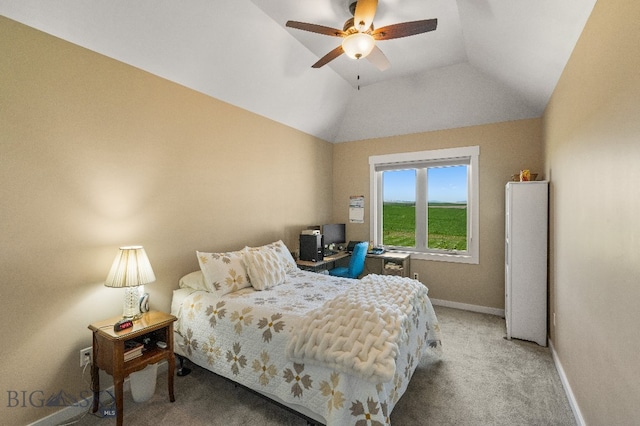 145 Cushing Ln, Manhattan, MT 59741 - bedroom featuring carpet flooring, baseboards, vaulted ceiling, and a ceiling fan