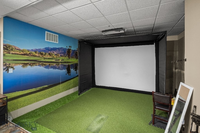 145 Cushing Ln, Manhattan, MT 59741 - rec room featuring golf simulator, a water view, a paneled ceiling, and carpet