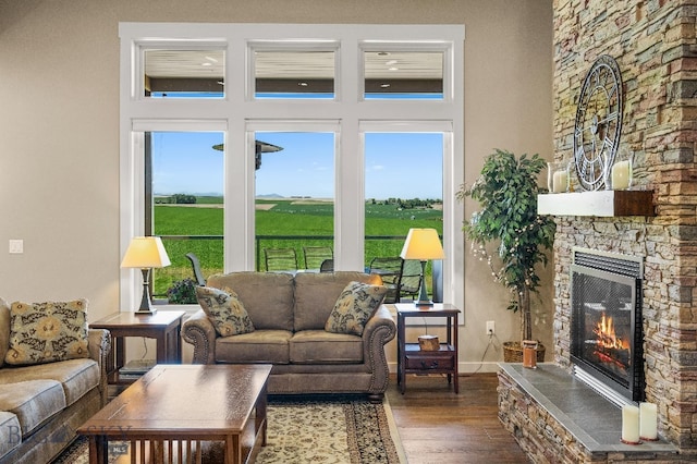 145 Cushing Ln, Manhattan, MT 59741 - living area with a fireplace, dark wood-style floors, and baseboards