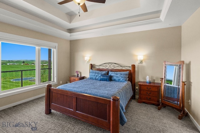 145 Cushing Ln, Manhattan, MT 59741 - carpeted bedroom featuring a raised ceiling, baseboards, and ceiling fan