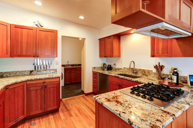 425 N 7th St, Livingston, MT 59047 - kitchen with a sink, stainless steel gas stovetop, light wood-style flooring, light stone counters, and recessed lighting