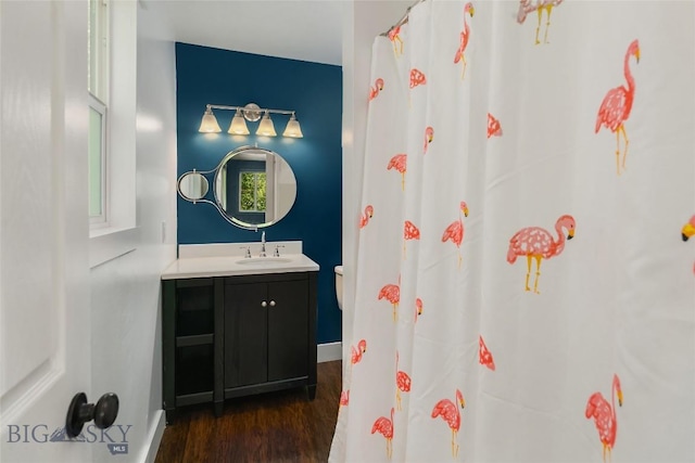 307 Flathead Ave, Bozeman, MT 59718 - bathroom with wood finished floors, vanity, a shower with shower curtain, and baseboards