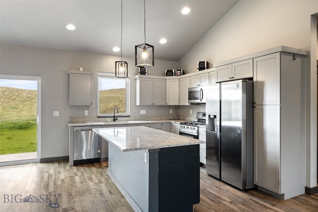 1215 Sweetgrass Ln, Livingston, MT 59047 - kitchen featuring stainless steel appliances, a sink, a kitchen island, wood finished floors, and lofted ceiling
