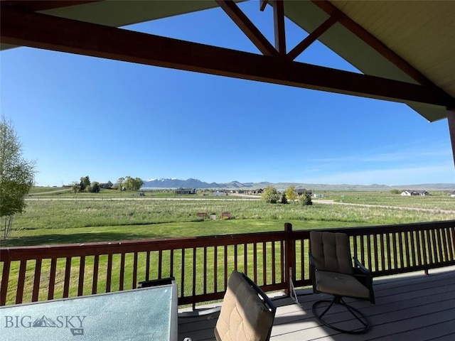30 Harris Hawk Ct, Dillon, MT 59725 - deck featuring a view of countryside, a mountain view, and a lawn