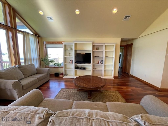 30 Harris Hawk Ct, Dillon, MT 59725 - living room with vaulted ceiling, baseboards, dark wood-style floors, and recessed lighting