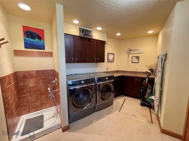 30 Harris Hawk Ct, Dillon, MT 59725 - washroom with cabinet space, washer and dryer, a textured ceiling, light carpet, and recessed lighting