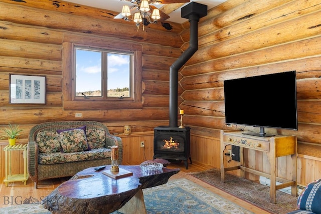 23 Lake Trl, Cameron, MT 59720 - living area featuring a wood stove, light wood-type flooring, and rustic walls