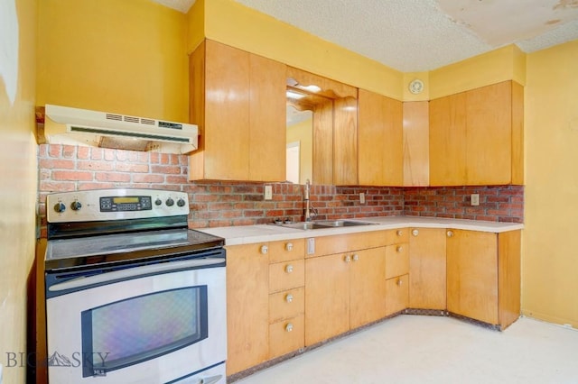 109 N Broadway, Manhattan, MT 59741 - kitchen featuring stainless steel electric range oven, under cabinet range hood, a sink, light countertops, and decorative backsplash