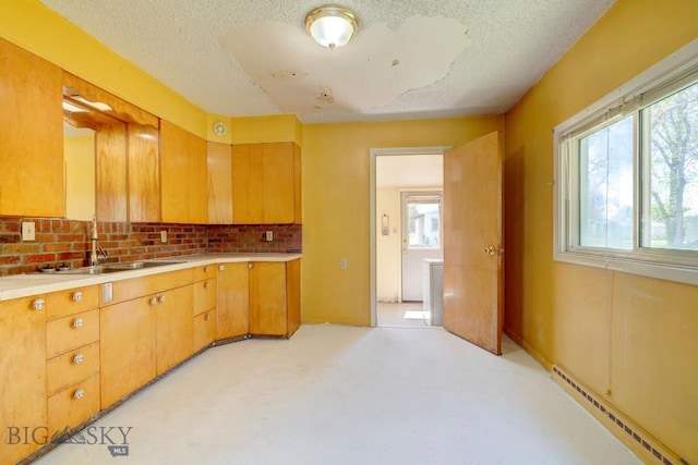 109 N Broadway, Manhattan, MT 59741 - kitchen featuring baseboard heating, a textured ceiling, light countertops, a sink, and light carpet