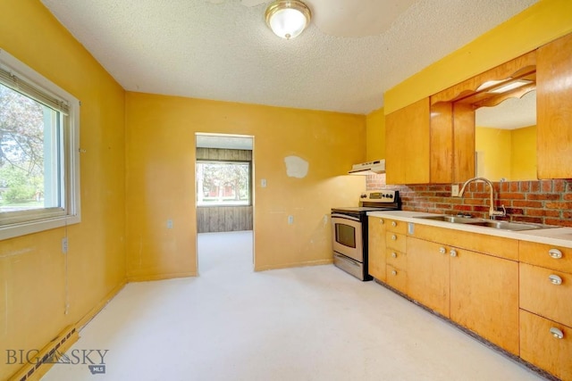109 N Broadway, Manhattan, MT 59741 - kitchen featuring stainless steel electric stove, range hood, a sink, a textured ceiling, and light countertops