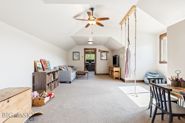 2296 Boylan Rd, Bozeman, MT 59715 - living room featuring carpet flooring, a ceiling fan, and lofted ceiling