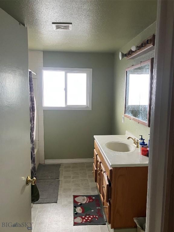 775 N Montana, Dillon, MT 59725 - full bath with vanity, plenty of natural light, a textured ceiling, and baseboards