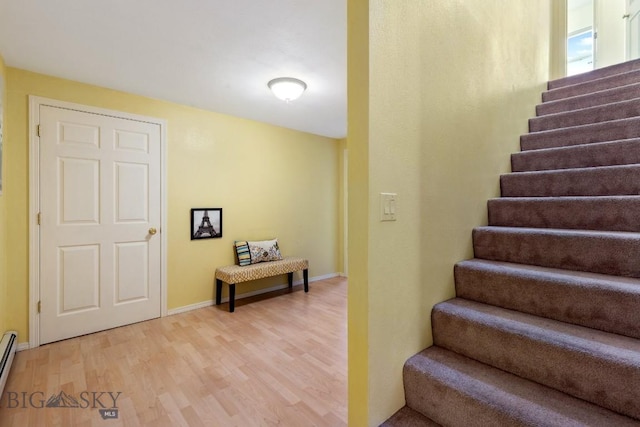 193 Lucille Ln, Bozeman, MT 59718 - staircase featuring wood finished floors, a baseboard radiator, and baseboards