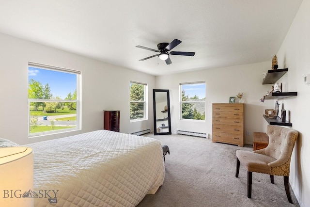 193 Lucille Ln, Bozeman, MT 59718 - bedroom with a baseboard radiator, light colored carpet, and a ceiling fan