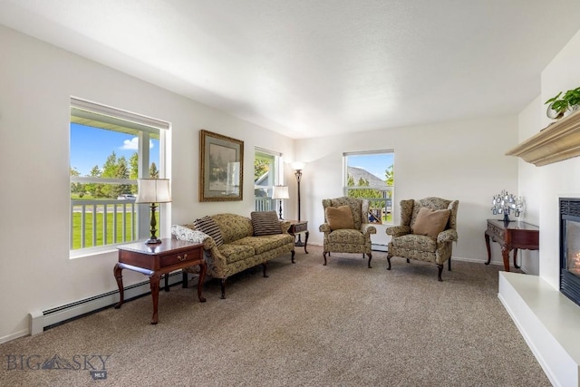 193 Lucille Ln, Bozeman, MT 59718 - living area with a baseboard heating unit, light carpet, a glass covered fireplace, and baseboards