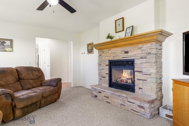 193 Lucille Ln, Bozeman, MT 59718 - living area with a ceiling fan, carpet flooring, and a fireplace