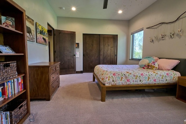 65 Triple Tree Ln, Bozeman, MT 59715 - bedroom featuring light carpet, a closet, a ceiling fan, and recessed lighting