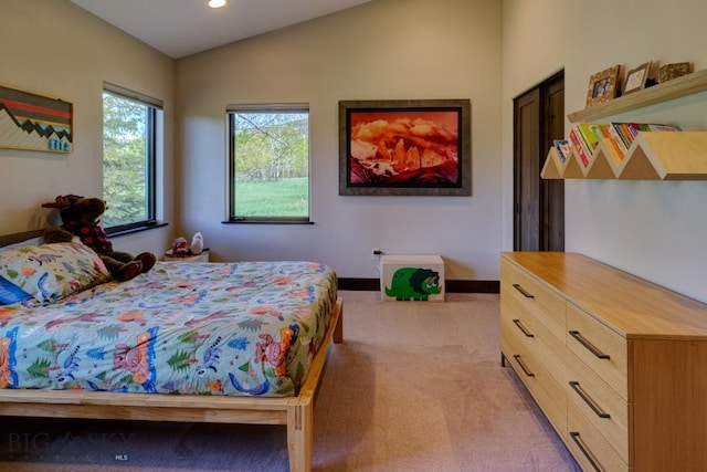65 Triple Tree Ln, Bozeman, MT 59715 - bedroom with light colored carpet, lofted ceiling, baseboards, and recessed lighting