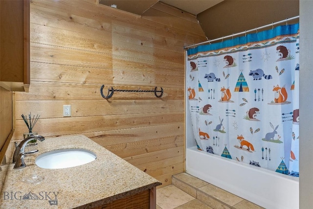 1511 Mt Highway 287, Virginia City, MT 59755 - bathroom featuring wood walls, vanity, shower / bathtub combination with curtain, and tile patterned flooring