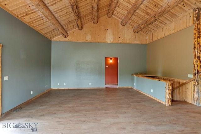 1511 Mt Highway 287, Virginia City, MT 59755 - unfurnished room featuring wooden ceiling with exposed beams, wood finished floors, baseboards, and high vaulted ceiling