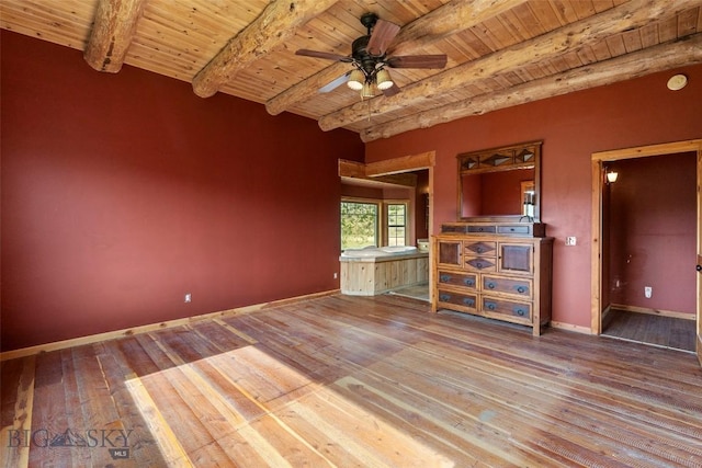 1511 Mt Highway 287, Virginia City, MT 59755 - unfurnished living room with wood ceiling with exposed beams, wood-type flooring, ceiling fan, and baseboards