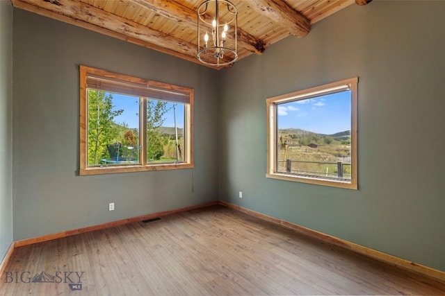 1511 Mt Highway 287, Virginia City, MT 59755 - spare room with wooden ceiling with exposed beams, plenty of natural light, a chandelier, hardwood / wood-style floors, and baseboards