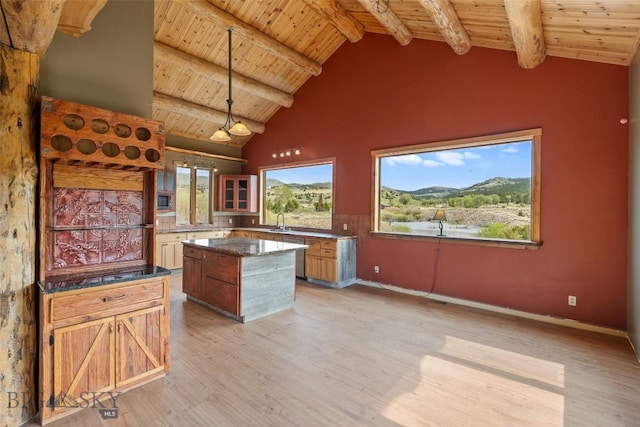 1511 Mt Highway 287, Virginia City, MT 59755 - kitchen featuring wood ceiling with exposed beams, light wood-type flooring, a sink, a kitchen island, and hanging light fixtures