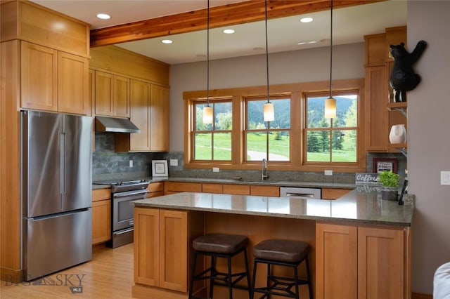 101 Columbine Ct, Bozeman, MT 59715 - kitchen with appliances with stainless steel finishes, under cabinet range hood, a sink, a peninsula, and stone countertops