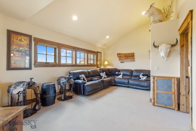 171 Brave Heart Loop, Bozeman, MT 59718 - living area with carpet floors, lofted ceiling, and recessed lighting
