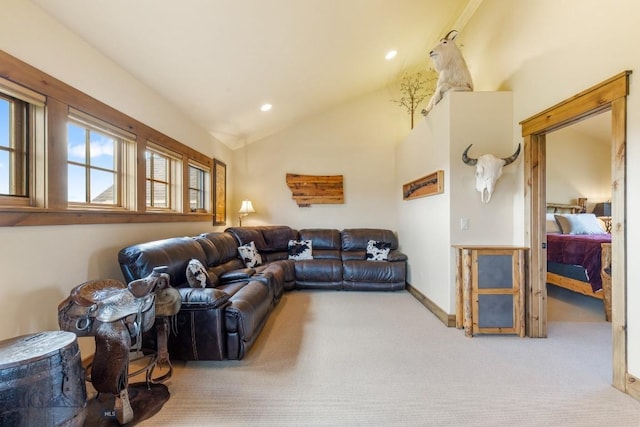 171 Brave Heart Loop, Bozeman, MT 59718 - living area featuring carpet, vaulted ceiling, recessed lighting, and baseboards