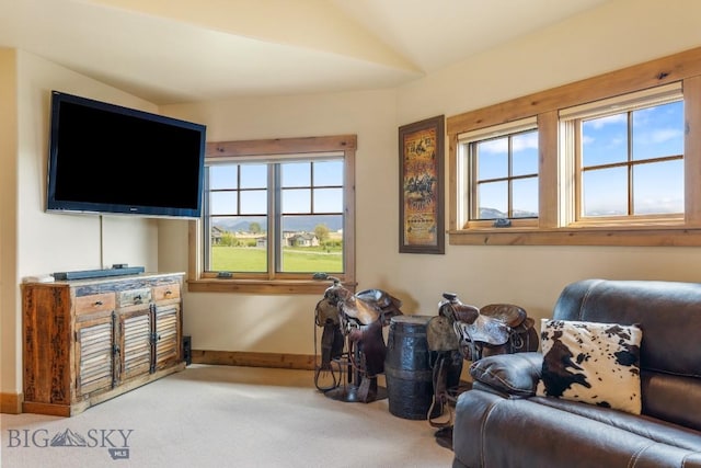171 Brave Heart Loop, Bozeman, MT 59718 - sitting room featuring carpet, baseboards, and lofted ceiling