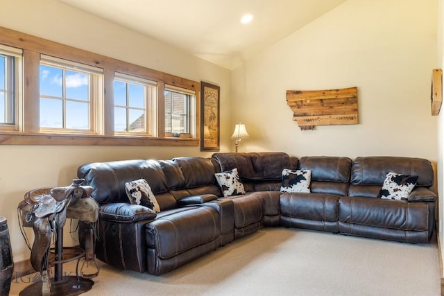 171 Brave Heart Loop, Bozeman, MT 59718 - living area featuring lofted ceiling, carpet, and recessed lighting