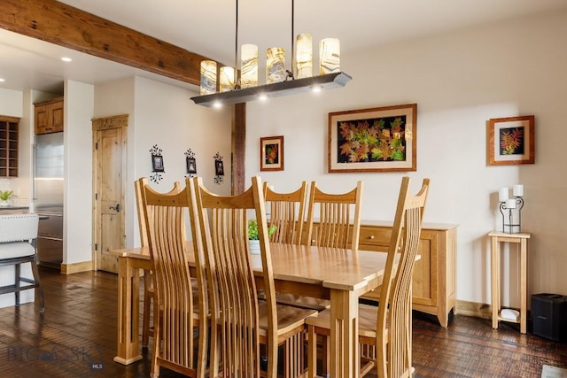 171 Brave Heart Loop, Bozeman, MT 59718 - dining room with dark wood-type flooring, recessed lighting, beamed ceiling, and baseboards