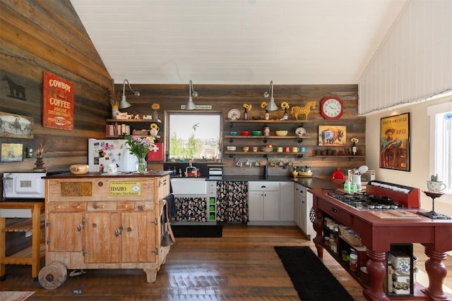 49 Redtail Hawk Rd, Mcallister, MT 59740 - kitchen with open shelves, vaulted ceiling, dark countertops, dark wood-style flooring, and stainless steel gas cooktop
