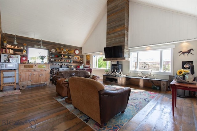 49 Redtail Hawk Rd, Mcallister, MT 59740 - living area featuring high vaulted ceiling, hardwood / wood-style flooring, and wood walls