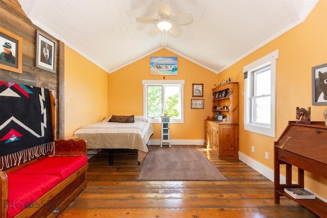 49 Redtail Hawk Rd, Mcallister, MT 59740 - bedroom with hardwood / wood-style floors, baseboards, vaulted ceiling, and ceiling fan