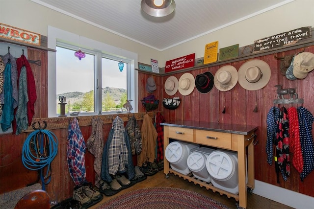 49 Redtail Hawk Rd, Mcallister, MT 59740 - miscellaneous room featuring ornamental molding and wooden walls
