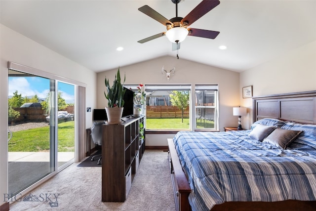 4426 Ethan Way, Bozeman, MT 59718 - bedroom with access to exterior, light carpet, multiple windows, lofted ceiling, and a ceiling fan