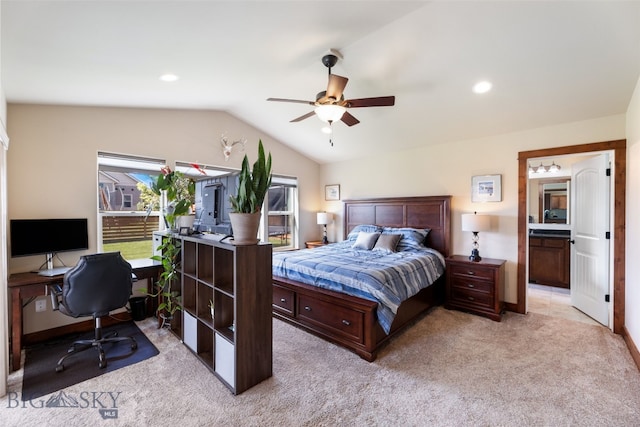 4426 Ethan Way, Bozeman, MT 59718 - bedroom with light carpet, lofted ceiling, a desk, a ceiling fan, and connected bathroom