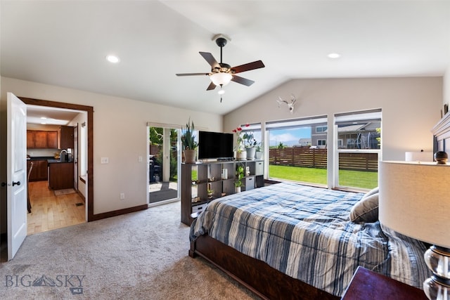 4426 Ethan Way, Bozeman, MT 59718 - bedroom with light carpet, access to outside, vaulted ceiling, a ceiling fan, and recessed lighting