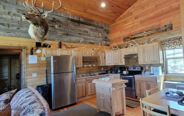 747 Upper Ruby Rd, Alder, MT 59755 - kitchen with stainless steel appliances, wooden walls, high vaulted ceiling, light brown cabinets, and wood counters