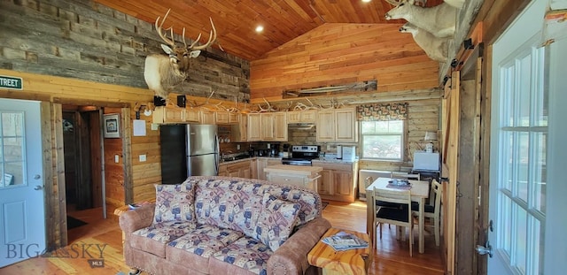 747 Upper Ruby Rd, Alder, MT 59755 - kitchen featuring appliances with stainless steel finishes, high vaulted ceiling, wood walls, light brown cabinets, and light wood finished floors