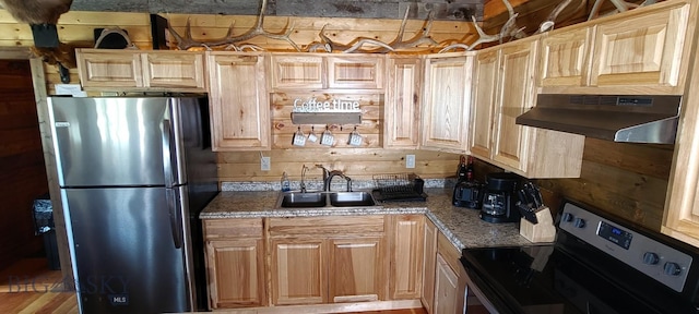 747 Upper Ruby Rd, Alder, MT 59755 - kitchen featuring appliances with stainless steel finishes, under cabinet range hood, a sink, light brown cabinets, and light stone countertops